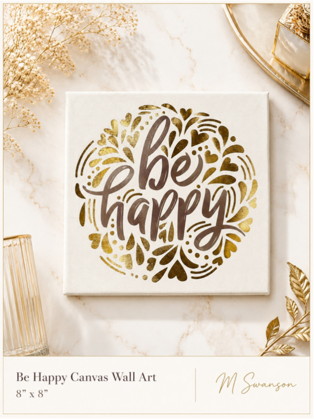 NEW “Be Happy” Gold Heart Canvas Wall Art | 8x8 Inspirational Decor
